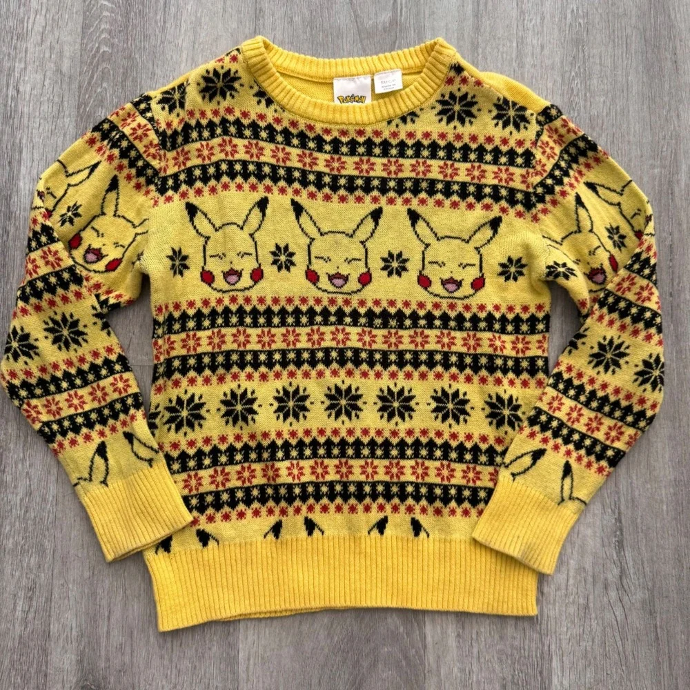 Pokemon Pikachu Holiday Sweater Kids Small Yellow Fair Isle Snowflake Knit